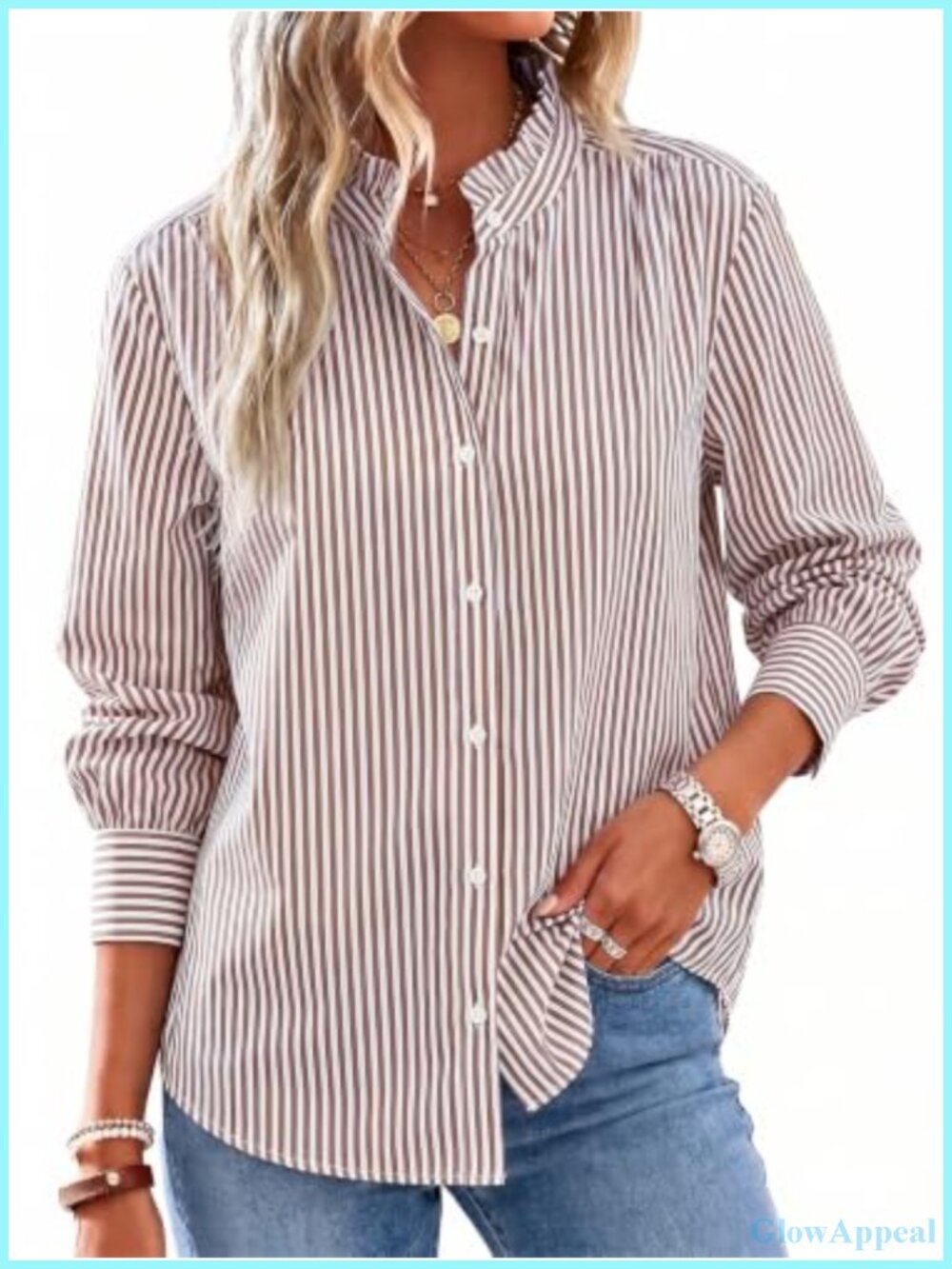 Womens Oversized Button Down Shirt Long Sleeve Ruffle Collar 70%Polyester